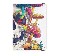 Custodia per passaporto in pelle con teschio e funghi arcobaleno, custodia per passaporto, custodia a portafoglio leggera, felice, cranio, arcobaleno, fungo, mondo, 1 size