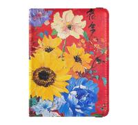 Custodia per passaporto in pelle, motivo: fiori primaverili, girasoli, rosso, per viaggi, documenti, organizer, portafogli, passaporto, donna, leggera, fiori primaverili, girasole, rosso, 1 taglia,