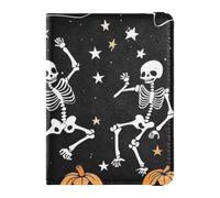 Custodia per passaporto, scheletri danzanti e zucche, scena notturna di Halloween, in pelle PU, elementi essenziali da viaggio, impermeabile, blocco RFID, custodia in pelle per uomini e donne