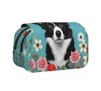 Custodia per penne a conchiglia con stampa floreale Border Collie, tasche con cerniera, grande capacità per forniture artistiche e viaggi