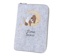 Custodia per quaderno a U "Luna & Orso", DIN A5, personalizzabile, in feltro (colore e ricamo a scelta), custodia per libretto di ispezione dei bambini e passaporto di vaccinazioni, organizer - regalo