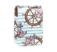 Custodia per rossetti con specchio e ancora e bussola, con supporto per lucidalabbra, portatile, da viaggio, mini astuccio per cosmetici in pelle, può contenere 3 rossetti, Multicolore, 9.5x2x7