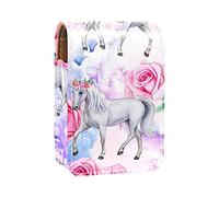 Custodia per rossetti da esterno, moderna, con unicorno, fate, rosa magica, floreale, portatile, con specchio, mini borsa per il trucco da donna, contiene fino a 3 rossetti, Multicolore, 9.5x2x7