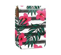 Custodia per rossetto, con foglie tropicali, fiori rossi, strisce nere, porta rossetto, portatile, da viaggio, con specchio, mini scatola portaoggetti per rossetto da donna, Multicolore, 9.5x2x7