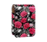 Custodia per rossetto con motivo a rose rosse, con rete a forma di ragno, per rossetti, portatile, da viaggio, con specchio, mini scatola portaoggetti per rossetti, da donna, Multicolore, 9.5x2x7