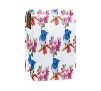 Custodia per rossetto con specchio blu uccelli ramo di fiori rosso acquerello porta lucidalabbra portatile scatola di immagazzinaggio del rossetto borsa da viaggio mini sacchetto cosmetico in pelle