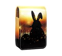 Custodia per rossetto con specchio coniglietto pasquale seduto sull'erba contro un tramonto cielo porta lucidalabbra portatile scatola portaoggetti da viaggio mini custodia per cosmetici in pelle