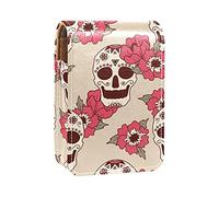 Custodia per rossetto con specchio teschio con fiori novità Lip Gloss Holder Portable Lipstick Storage Box Travel Makeup Bag Mini Leather Cosmetic Pouch contiene 3 rossetti, Multicolore, 9.5x2x7