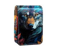 Custodia per rossetto,organizer per rossetto in pelle lucidalabbra con specchio,mini borsa porta rossetto,Illustrazione variopinta di arte della testa del lupo animale
