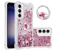 Custodia per Samsung A17 con glitter 3D Bling Sparkle Sabbie mobili fluide TPU con anello rotante e supporto antiurto per Samsung Galaxy A17 5G/4G - Cuore oro rosa