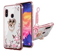 Custodia per Samsung Galaxy A10e, Samsung A10e, custodia per Samsung Galaxy A10e, in morbido TPU con strass, motivo floreale, con cavalletto, cinturino per Galaxy A10e (oro rosa)