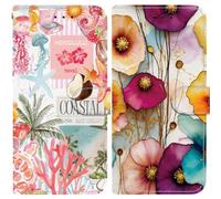 Custodia per Samsung Galaxy A15 Flip Caso 2 pezzi PU Leather Wallet Case Colourful Flowers Book Pattern Flip Case with Magnetic TPU Shockproof Protective Cover Corallo rosa + Fiori colorati