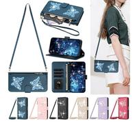 Custodia per Samsung Galaxy S23 Ultra, con farfalla lucida, blu | Custodia a portafoglio con scomparti per carte di credito, funzione leggio, tasca con cerniera, chiusura magnetica
