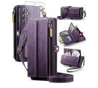 Custodia per Samsung Galaxy S24/S25 5G con cerniera a portafoglio con pellicola protettiva e cordino a tracolla Flip RFID blocco porta carte Cell S 24 24S 25 25S G5 SM-S931U Donne Uomini Viola Scuro