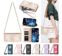 Custodia per Samsung Galaxy S24/S25, con farfalla lucida, albicocca | Custodia a portafoglio con scomparti per carte di credito, funzione leggio, tasca con cerniera, chiusura magnetica