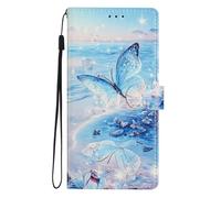 Custodia per Samsung Galaxy S25FE Cover in Pelle Magnetico Silicone Flip Stand Case con Multi-Angolo View Standing Flip Custodia Full Body Protettiva Bumper Folio Copertura,Farfalla blu in mare