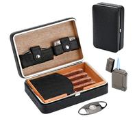 Custodia per sigari da viaggio con accendino e taglierino, in pelle foderata in legno di cedro, capacità 4 sigari, igrometro e umidificatore integrati, kit portatile da viaggio per sigari (senza