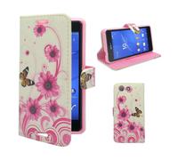 Custodia Per Sony Xperia Z3 Mini Bianco Rosa Vortice Fiore Farfalla Similpelle A