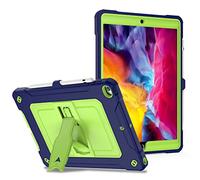 Custodia per tablet per iPad 10,2 pollici generazione 7/8/9 (2019/2020/2021) custodia in silicone con staffa pieghevole laterale e tracolla, blu navy + giallo verde