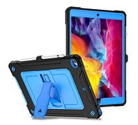 Custodia per tablet per iPad 10,2 pollici generazione 7/8/9 (2019/2020/2021) custodia in silicone con staffa pieghevole laterale e tracolla, nero + blu