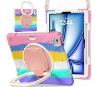 Custodia per tablet per iPad Air 13" (M2) 2024, robusta custodia antiurto resistente, grande supporto girevole a 360°, con tracolla, con portapenne, colore rosa
