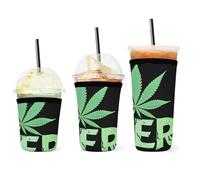 Custodia per tazza da caffè freddo in neoprene isolata, facile da pulire, resistente, con motivo a foglie di erba verde, nera, per bevande fredde.