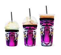 Custodia per tazza da caffè freddo in neoprene isolata, facile da pulire, resistente, con motivo viola King of Tiger, per bevande fredde.