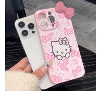 Custodia per telefono a prova di shock con fiocco 3D, motivo Hello Kitty e perforazioni scintillanti, adatta per Apple 16 Pro Max/11/12/13/14 Plus/15 Pro, impermeabile, anti-caduta e resistente ai gra