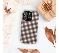 Custodia per telefono alla moda con elementi plaid carini, motivo plaid, patchwork plaid. Custodia per telefono autunnale con caffè concentrato marrone carino, compatibile con iPhone 17, 16 Pro Max, 1