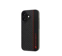 Audi Custodia sportiva - compatibile con iPhone 16 - Custodia antiurto con carbonio - con aperture precise per fotocamera, porte e pulsanti - nero con dettagli rossi