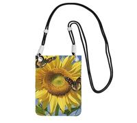 Custodia per telefono cellulare da donna, borsa a portafoglio con tracolla nera e farfalle sui girasoli