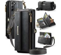 Custodia per telefono compatibile con Samsung Galaxy S21 4G/5G, supporto antishock, portafoglio con zip nero