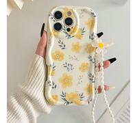 Custodia per telefono con fiori, texture crema, bordo ondulato, dipinto floreale, accessorio con braccialetto con perline, compatibile con iPhone 17pro/17Air /17/17promax16/11/16pro/16plus/16promax/16