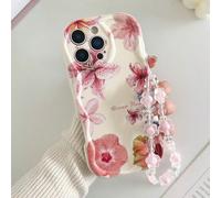 Custodia per telefono con fiori, texture crema, bordo ondulato, dipinto floreale, accessorio con braccialetto con perline, compatibile con iPhone 17pro/17Air /17/17promax16/11/16pro/16plus/16promax/16