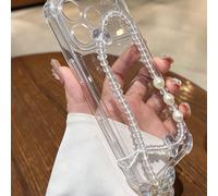 Custodia per telefono con glitter trasparente scintillante compatibile con iPhone, custodia protettiva antiurto di lusso con perla di cristallo e farfalla con laccetto da polso, regalo ideale per donn