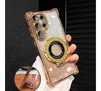 Custodia per telefono di lusso placcata in metallo con anello supporto e supporto magnetico, antiurto, glitter con strass, stile Y2K, morbida cover protettiva in silicone alla moda compatibile con iPh