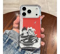 Custodia per telefono Dragon Ball vintage con sfondo rosso diviso, Goku e Chi-Chi che guidano l'auto Capsule con logo del drago, design verticale con testo DRAGON BALL, adatta per iPhone 17/17 Pro/17 