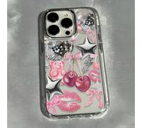 Custodia per telefono in lega rosa con elemento fiocco alla moda, custodia per telefono con cornice in metallo rosa, fiore di ciliegio, fiocco, fulmine, stella, motivo a puzzle, compatibile con iPhone
