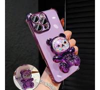 Custodia per telefono in stile Y2K con finitura elettrolitica viola trasparente, supporto creativo e carino a forma di orsetto, glitter e strass, resistente agli urti e agli impatti, cover protettiva 