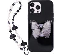 Custodia per telefono nera lucida con farfalla, compatibile con iPhone 12 Pro Max - Design coreano Cute3D con supporto e catenella di perline per