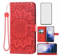 Custodia per telefono per OnePlus 7 Pro Custodie a portafoglio con protezione dello schermo in vetro temperato e supporto per carte di credito sottile OnePlus7Pro 5G One Plus 1+7 1Plus OnePlus7 7Pro One+ 1 + Seven Donne Uomini Rosso