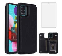 Custodia per telefono per Samsung Galaxy A51 5G/A 51 5G UW Verizon con protezione dello schermo in vetro temperato Porta carte di protezione del raccoglitore della copertura del supporto di vibrazione accessori per cellulari in pelle Glaxay 51A G5 Gaxaly S51 Custodie donna uomo nero