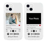 Custodia per telefono personalizzata per iPhone 15, cover per foto personalizzata con stili Spotify, cover morbida trasparente per telefono con placca musicale fai da te per compleanno