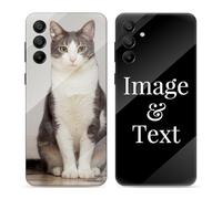 Custodia per telefono personalizzata per Samsung Galaxy A12 A13 A14 A15 A16 A17 S21 FE S23 FE S24 FE S25 FE con foto e testo, bordo in TPU e retro in vetro