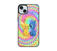 Custodia per telefono Pikachu Love Stitch compatibile con iPhone 15, cover in vetro morbido per doppia fotocamera compatibile con iPhone 15 Plus