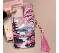 Custodia per telefono semi-trasparente con dipinto ad acquerello di paesaggio montano e fiori, con accessorio pendente di stile cinese, di alta moda, compatibile con iPhone 16/16 Pro Max, 15, 15 Pro M