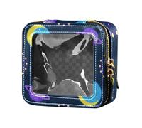 Custodia per trucchi con immagine di universo con glitter e sole, luna, borsa trasparente da viaggio per cosmetici da viaggio