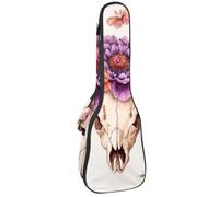 Custodia per ukulele da concerto da 23 pollici con teschio di toro ad acquerello con peonia e farfalle colorate, borsa imbottita con portaoggetti e spallacci, Multicolore 01, 25.9x9x3.1in/66x23x8cm