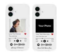 Custodia personalizzata per iPhone 16 Plus, copertina personalizzata con foto e canzone in stile Spotify, custodia trasparente morbida fai da te con placca musicale per il compleanno