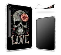 Custodia progettata per Samsung Galaxy Tab S8 Plus 2022/S7 FE 2021/S7 Plus 2020 da 12,4 pollici con portapenne, retro trasparente con teschio Loves Rose, cover paraurti sottile in morbido TPU antiurto